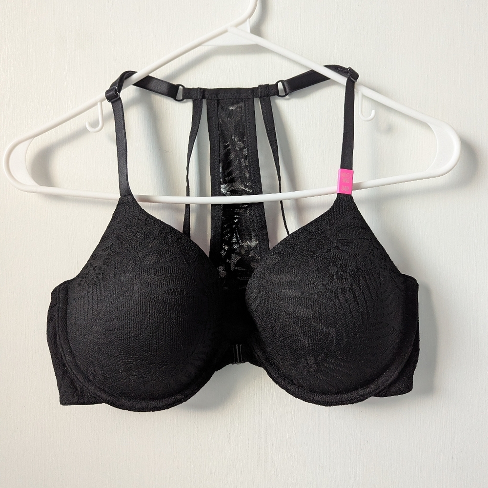Victoria's Secret PINK Front Close Black Lace Lightly Lined Bra Size 34D NEW